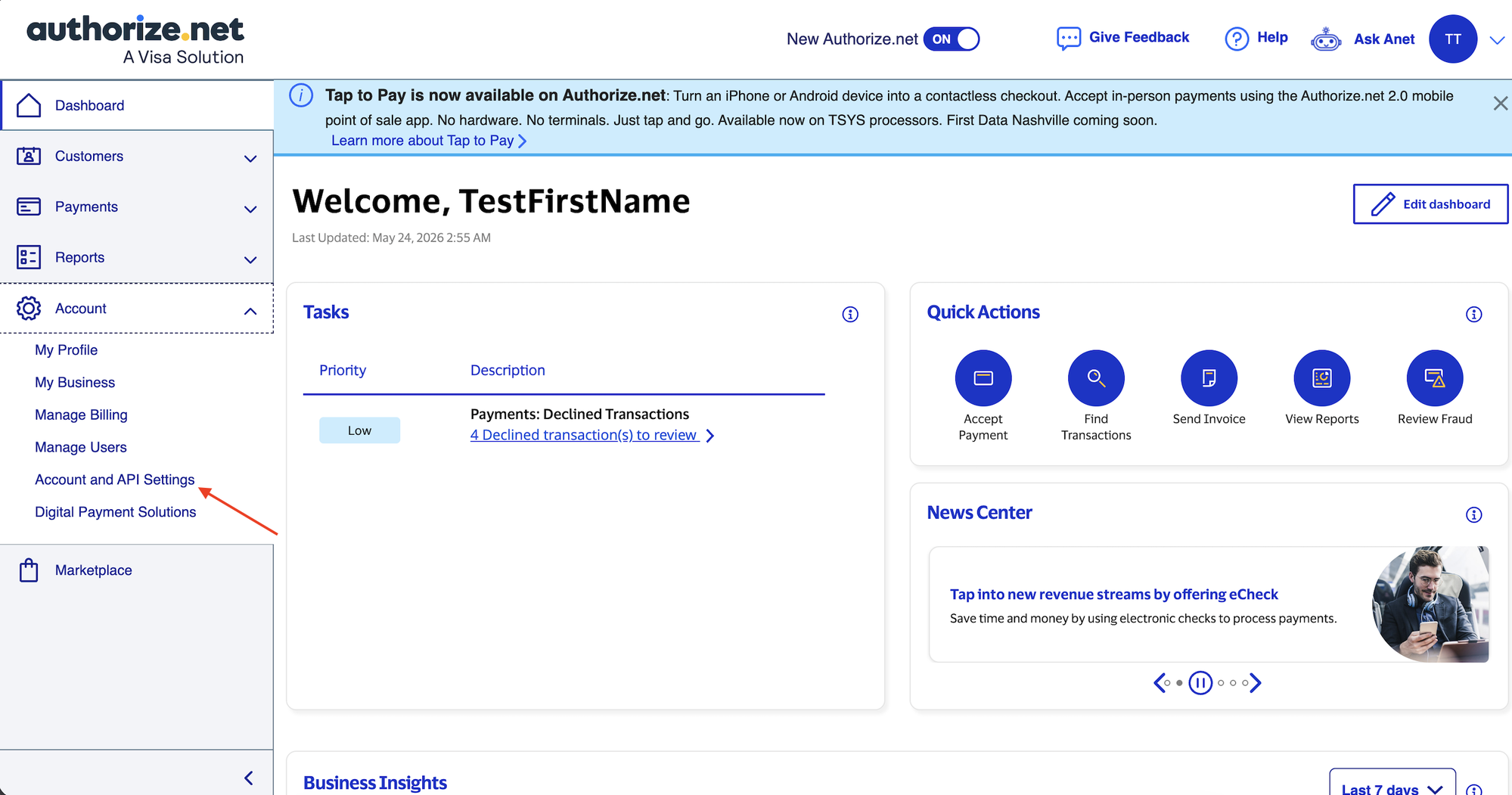 Authorize.net Account Menu