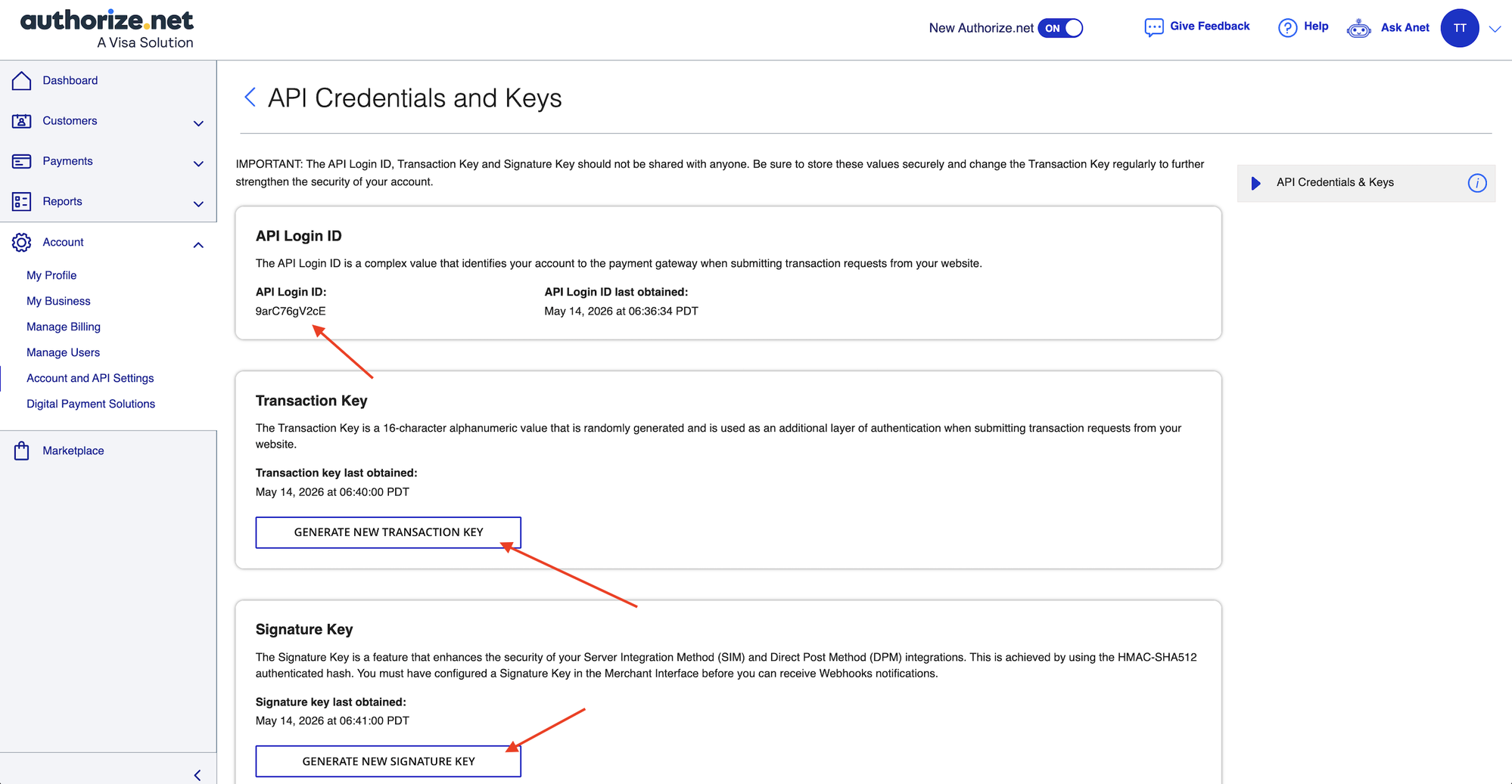 Authorize.net API Credentials
