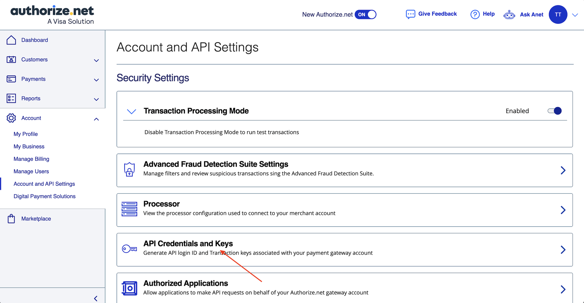 Authorize.net API Settings Page