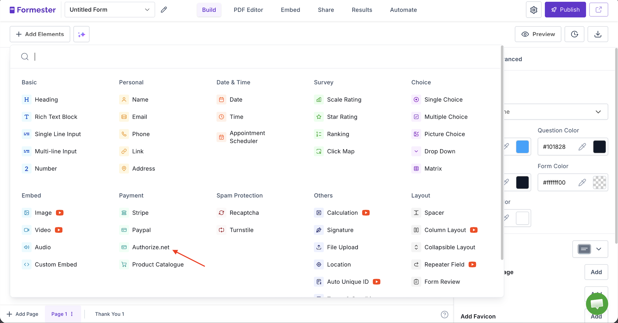 Authorize.net Field in Form Builder
