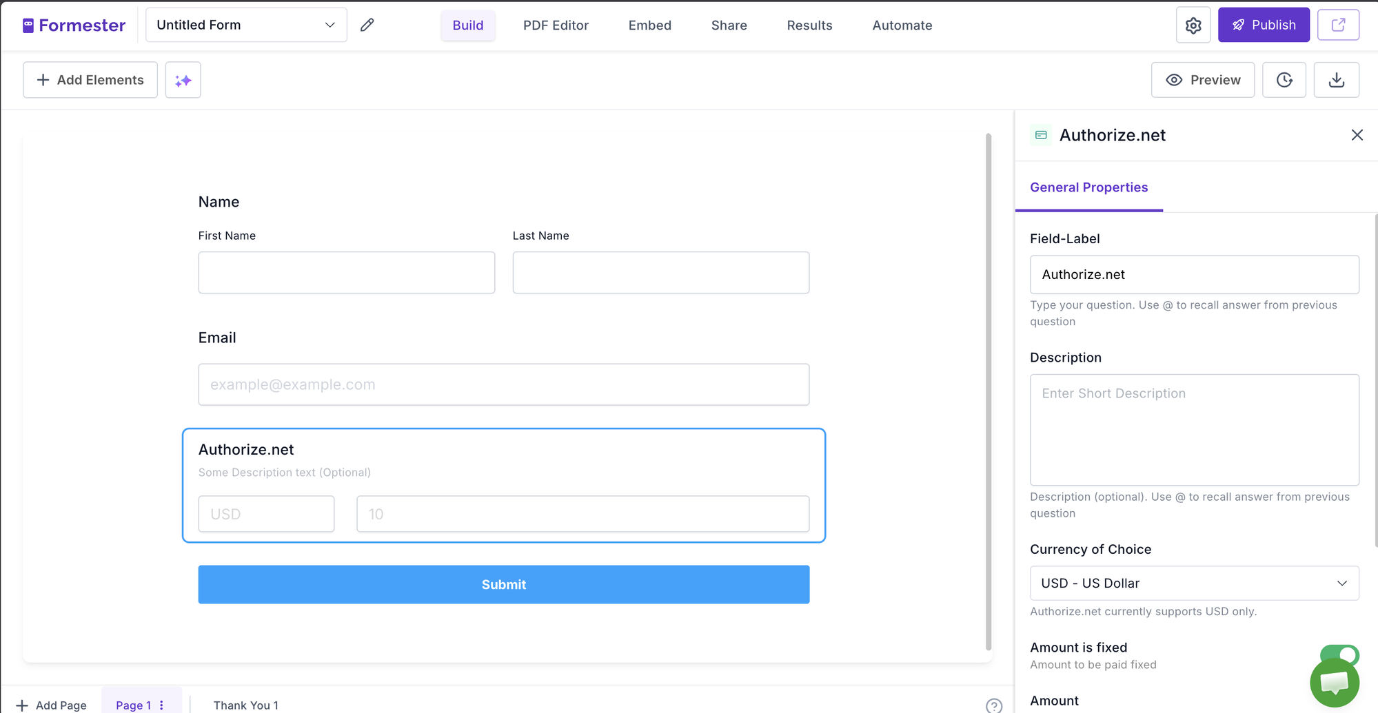 Authorize.net Field Configuration