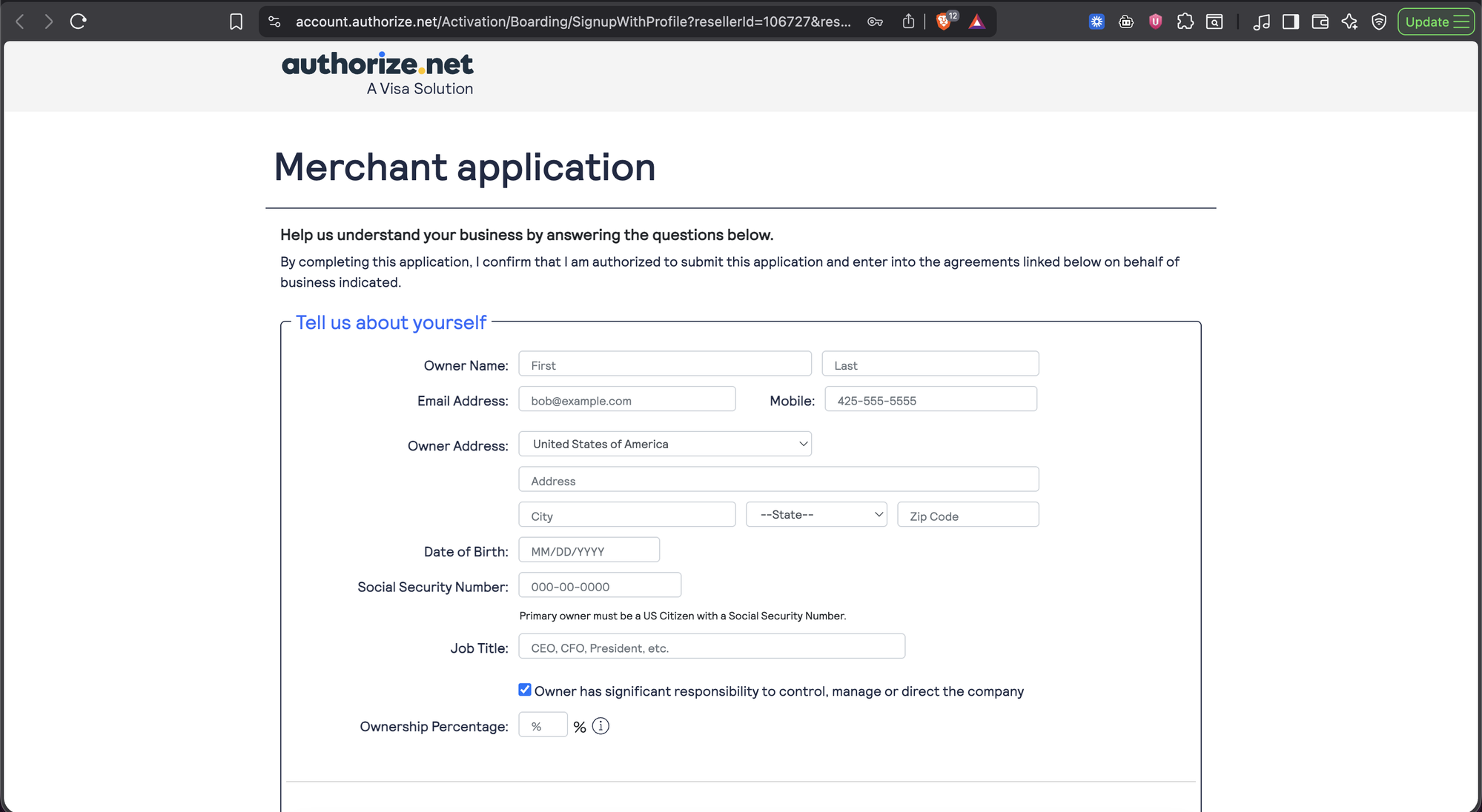 Authorize.net Merchant Application