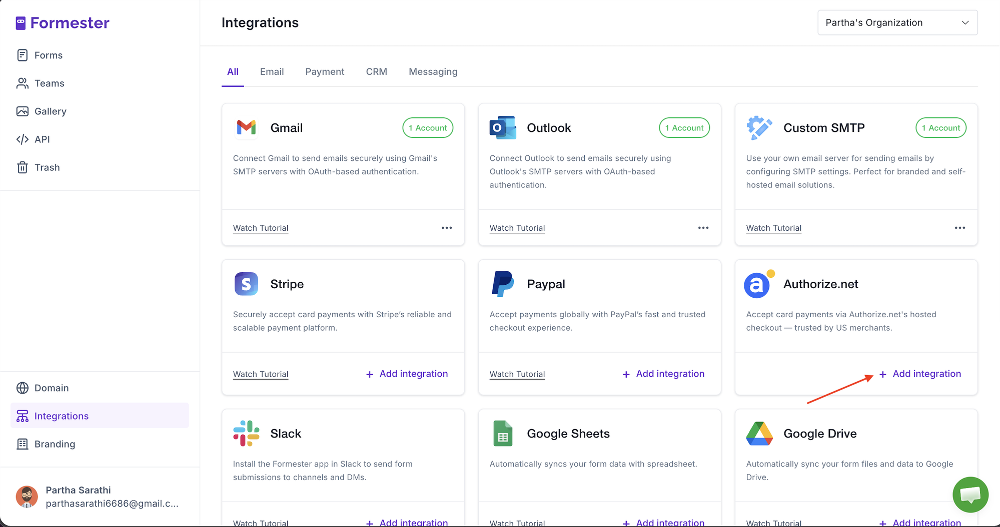 Formester Integrations Page