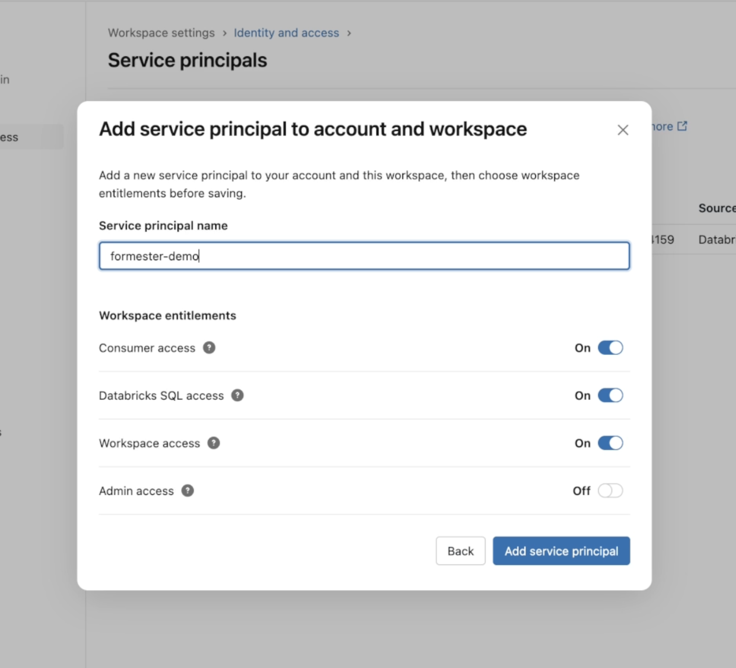 Add service principal dialog