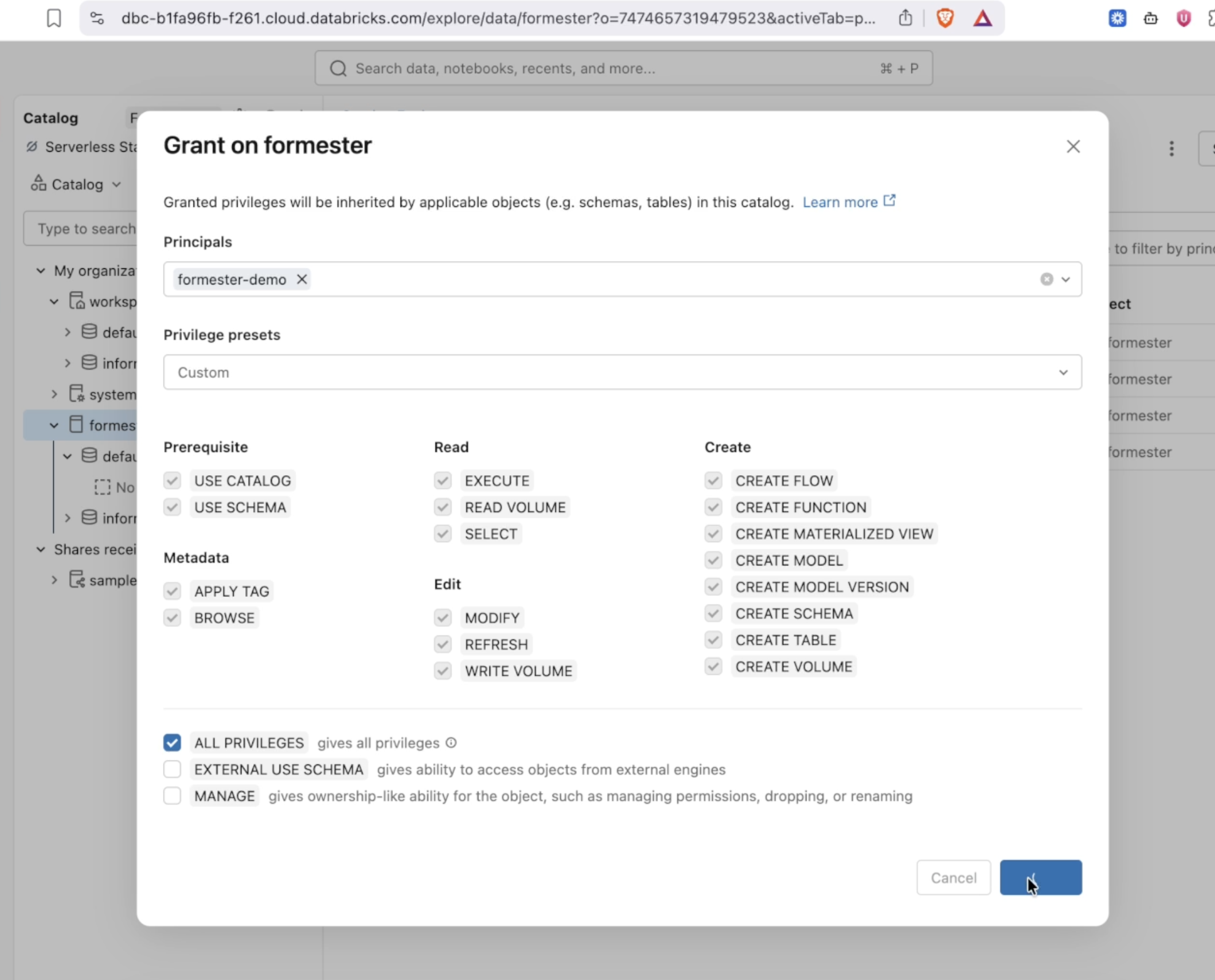 Grant on catalog dialog