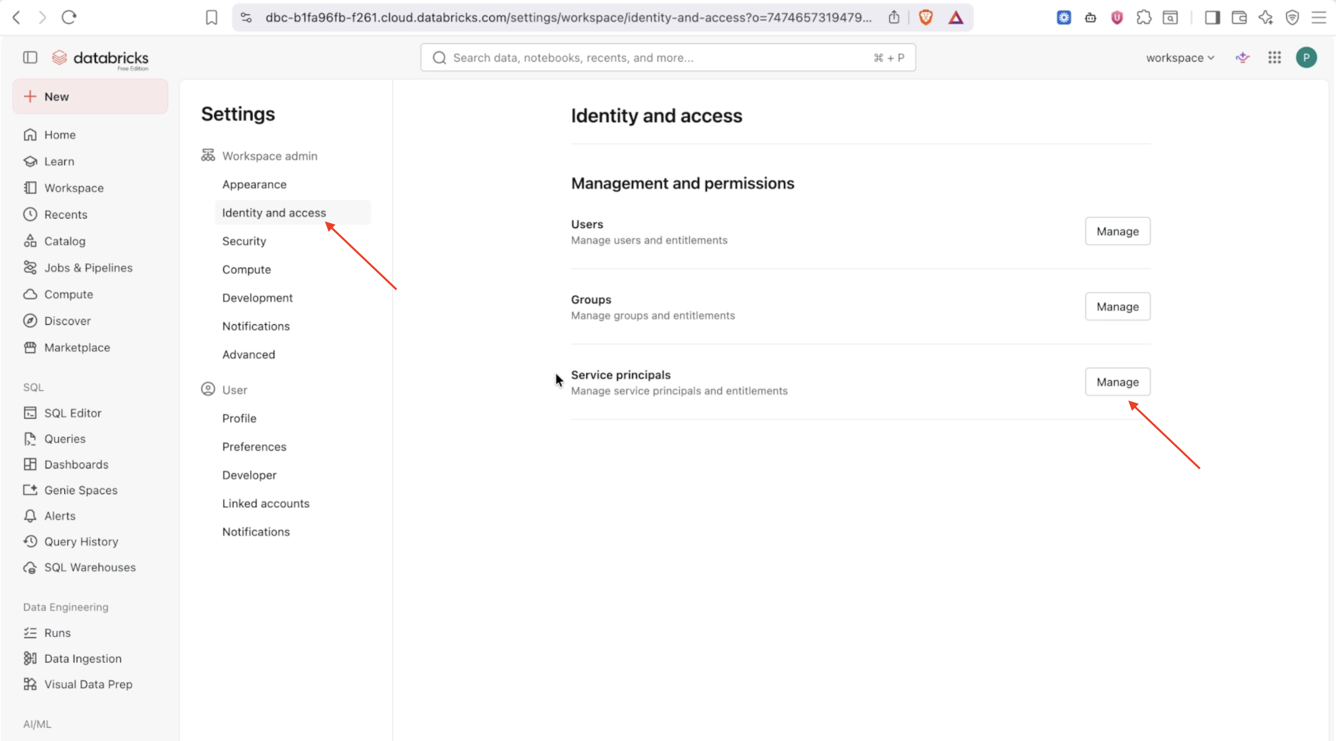 Identity and access settings