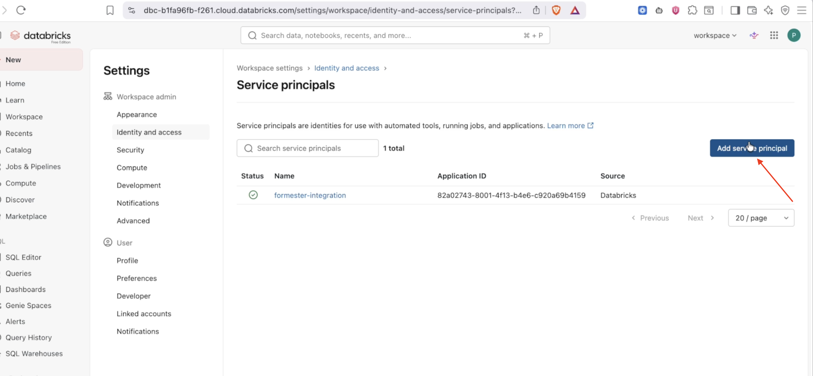 Service principals list
