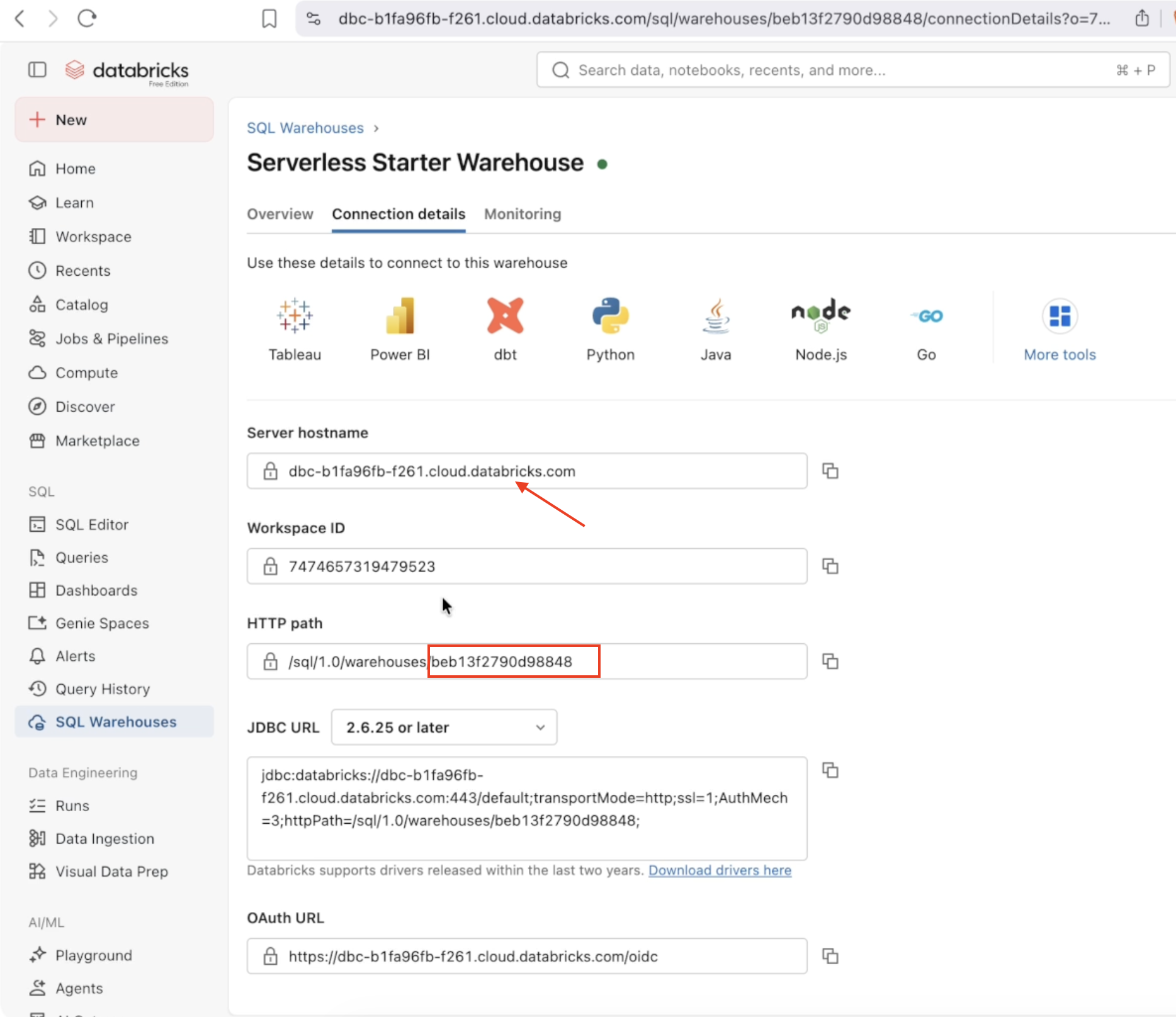 SQL Warehouse connection details